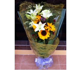 F29 SUNFLOWER WITH WHITE LILIES BOUQUET
